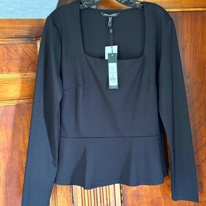 BCBGMAXAZRIA Black Peplum Top, Square Neckline,Long Sleeves, Size L